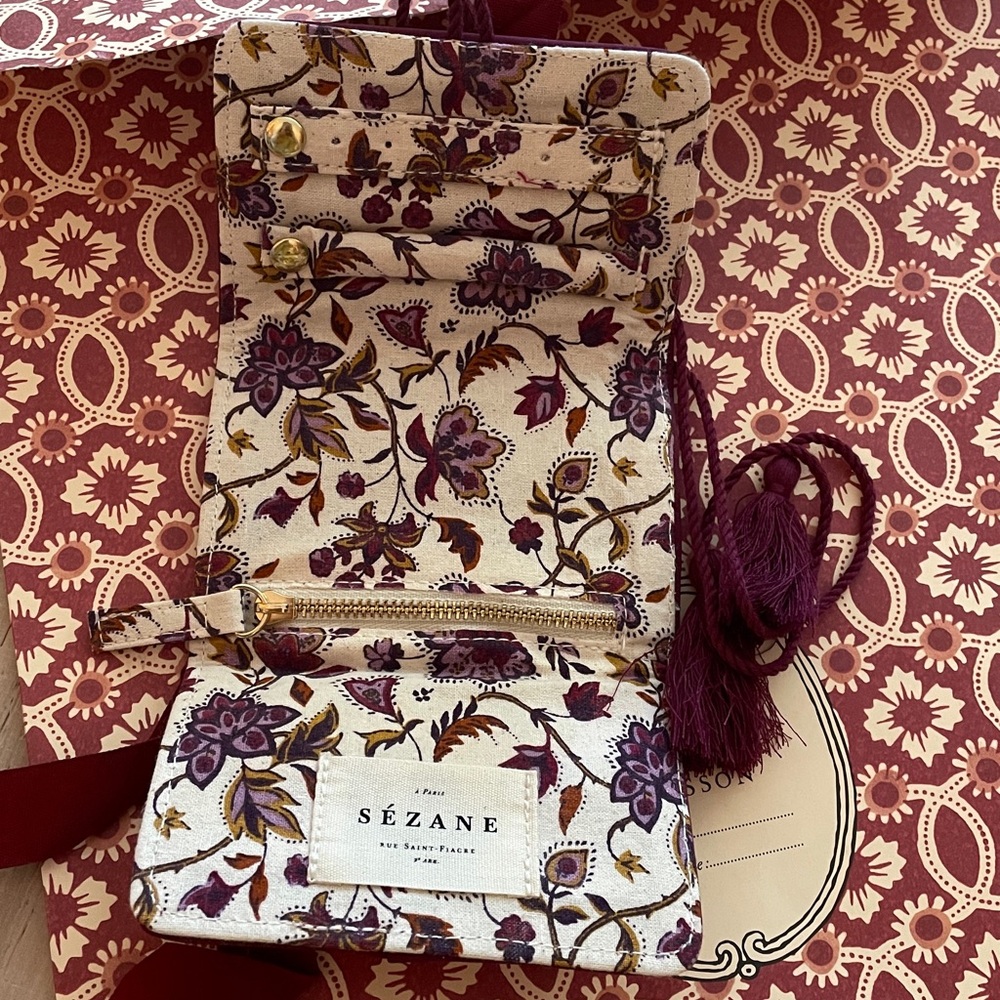 Sézane Floral Cream Wallet with Purple and Gold Accents